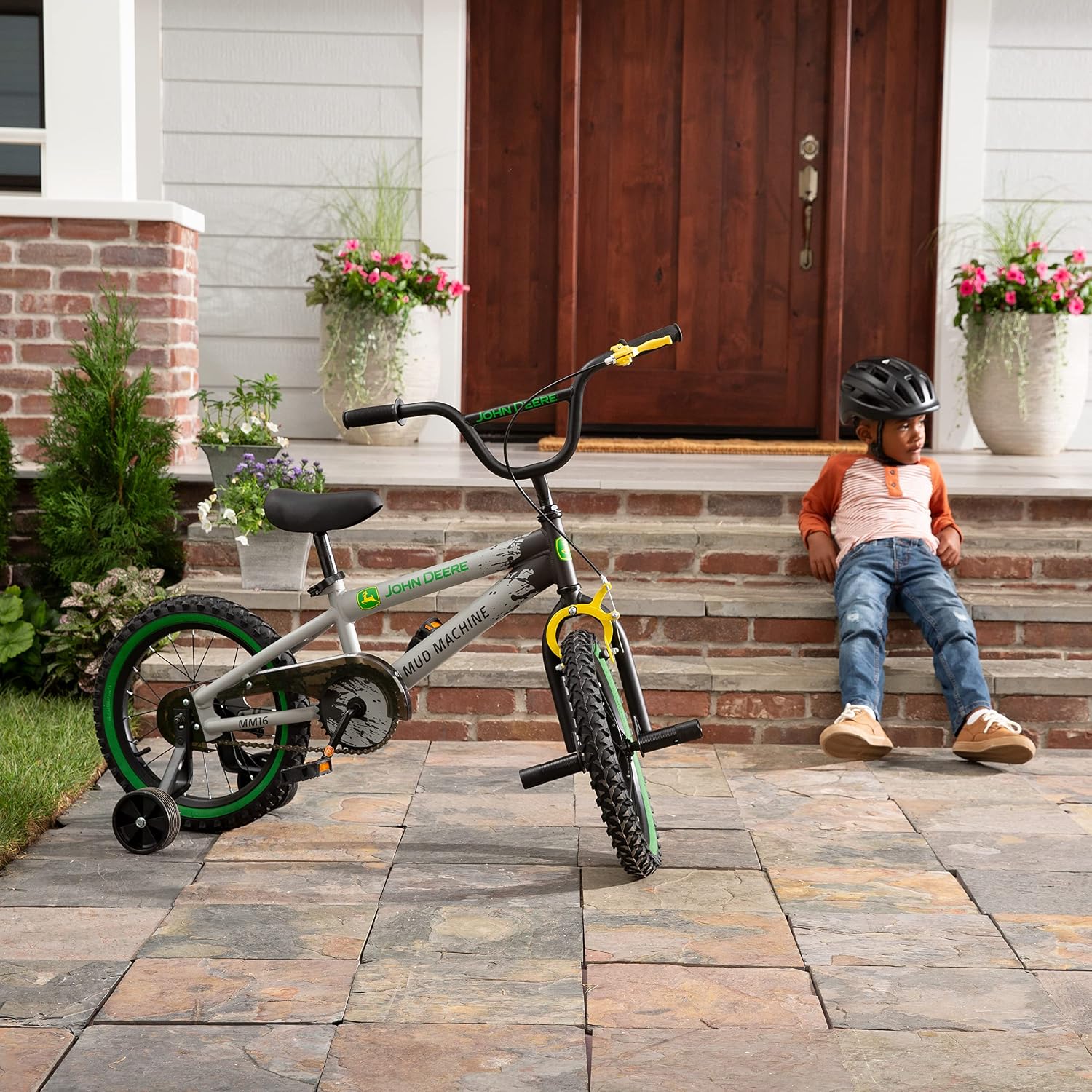 John Deere Mud Machine Kid's Bicycle with Removable Training Wheels — 16' Boy's Bike – Ages 4 and Up — Removable Training Wheels and BMX Stunt Tubes