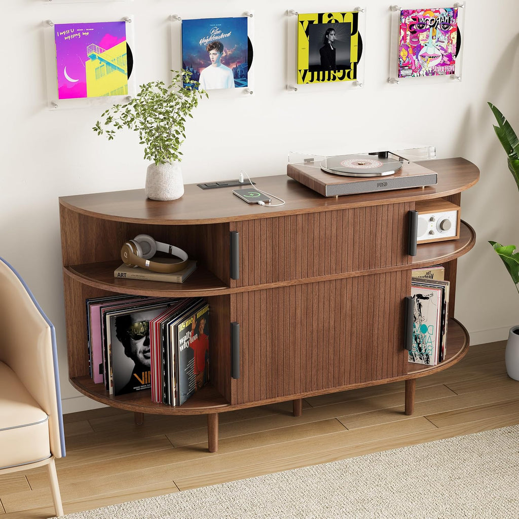 Large Record Player Stand, 55'' Wood Vinyl Record Storage Cabinet with Charging Station & USB Ports, Curved Turntable Table Open Shelf Holder Up to 300 Albums for Living Room(Walnut)