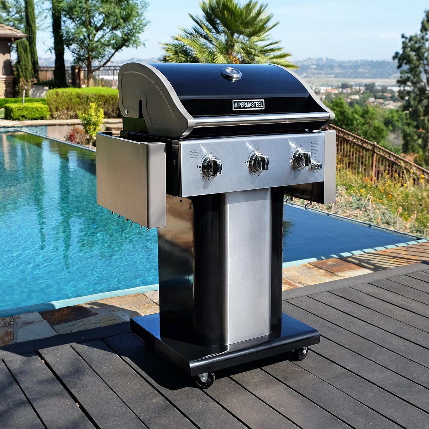 Permasteel 3-Burner Propane Gas Grill, 30,000 BTUs BBQ Grill with Cast Iron Grates, Foldable Side Tables & Tool Hooks, Outdoor Grill, Black