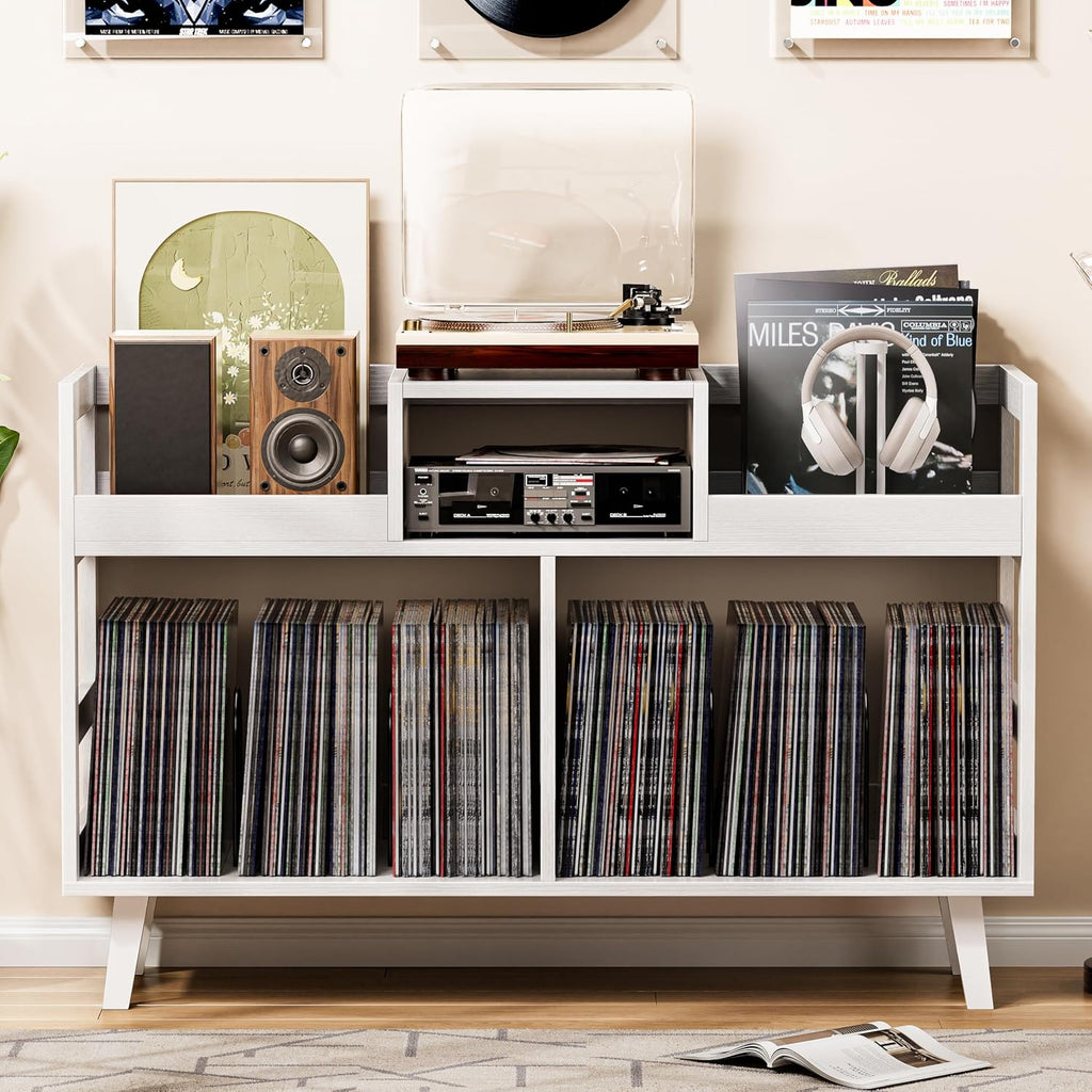 Record Player Stand with Vinyl Storage, Mid-Century Modern Turntable Stand Holds 450+ Albums, Large Wood Record Player Table with Metal Dividers, Wood Media Console for Living Room, (White, Double-Sided Large)