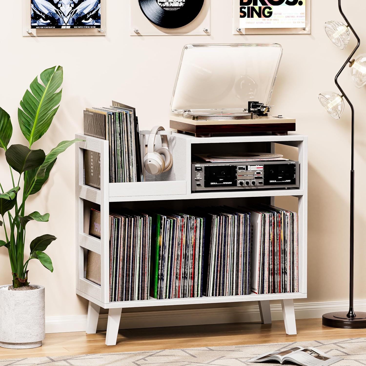 Record Player Stand with Vinyl Storage, Mid-Century Modern Turntable Stand Holds 150+ Albums, Record Player Table with Metal Dividers, Wood Media Console for Living Room (White, Single-Sided Small)