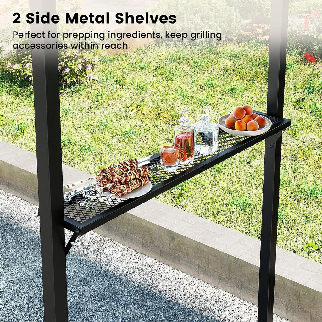 Tangkula 7ft Grill Gazebo, Patio Barbecue Canopy with Serving Shelf and Storage Hooks, Curved Grill Shelter w/Heavy-Duty Steel Frame Sunshade Awning for Outdoor Garden (Gray)