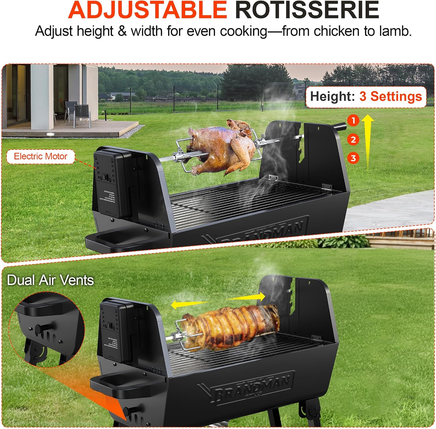 BRANDMAN GRILLS SINCE 1987 Rotisserie Grill Charcoal BBQ Grill 2-in-1 Portable Foldable Outdoor Grill 257 sq.in. Charcoal Spit Rotisserie Grill for Whole Chicken Steaks Burger Camping Picnic Gathering