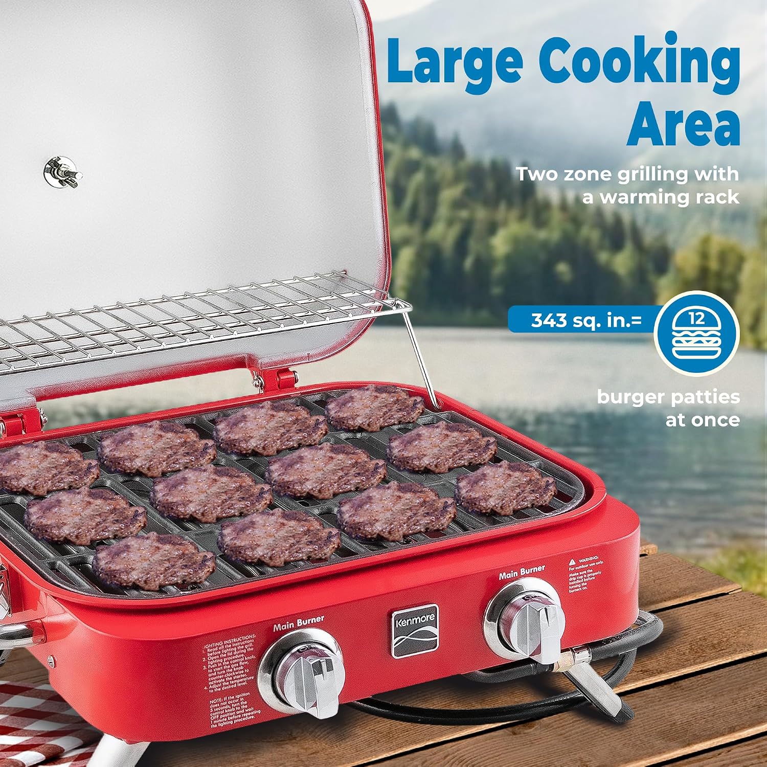 Kenmore Portable Propane Gas Grill - Tabletop BBQ Grill with Warming Rack, 2 Stainless Steel Burners with 14,000 BTUs, for Outdoor Kitchen, Camping, Red