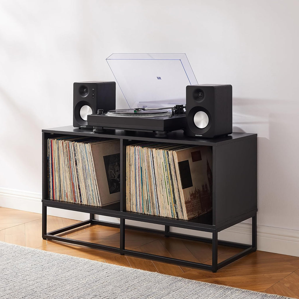 Crosley Furniture Enzo Medium Vinyl Record Storage TV Stand and Entertainment Center, Media Console, Black