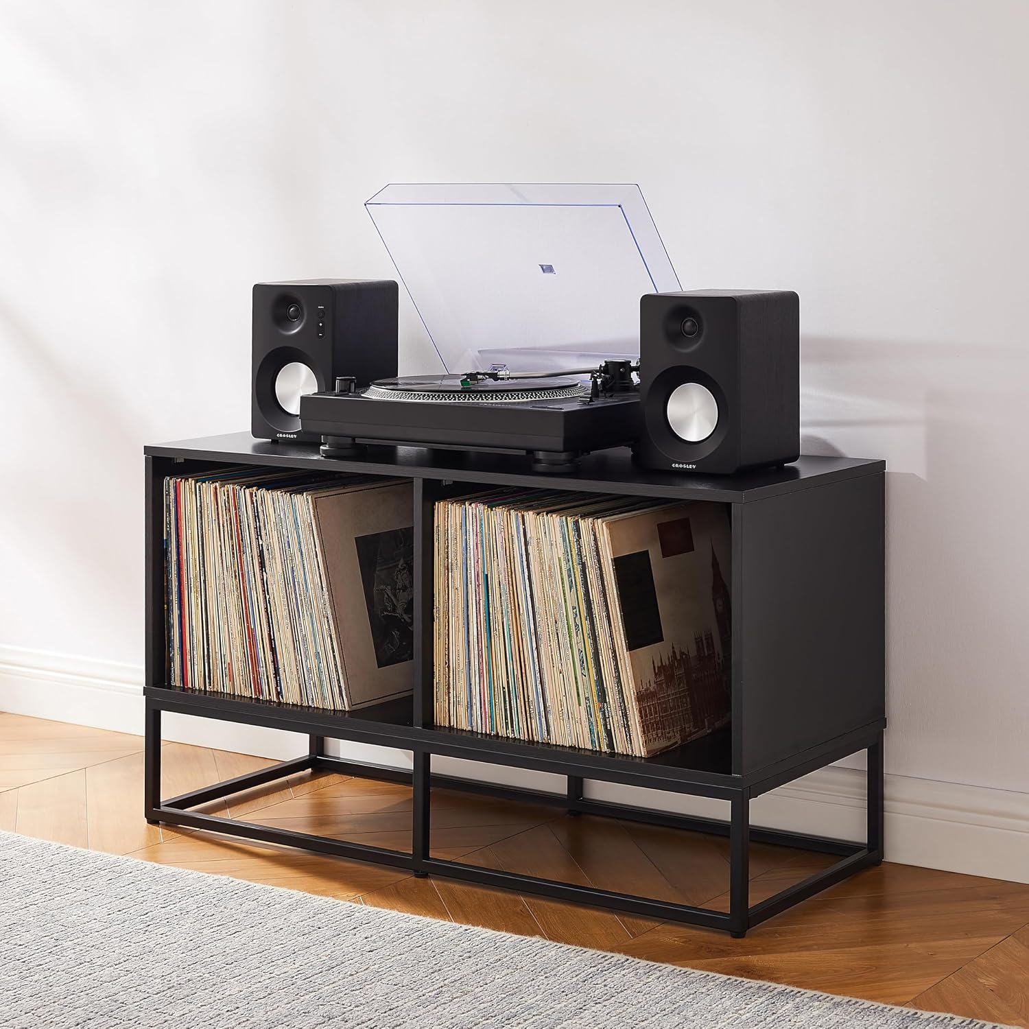 Crosley Furniture Enzo Medium Vinyl Record Storage TV Stand and Entertainment Center, Media Console, Black