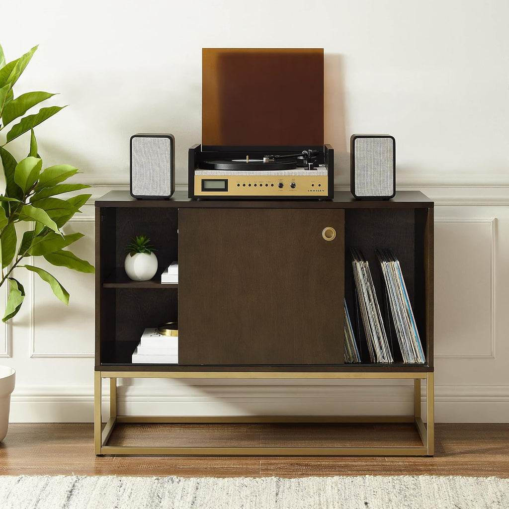 Crosley Furniture Byron Media Console and Record Player Stand with Storage for Vinyl Records, Dark Brown/Gold