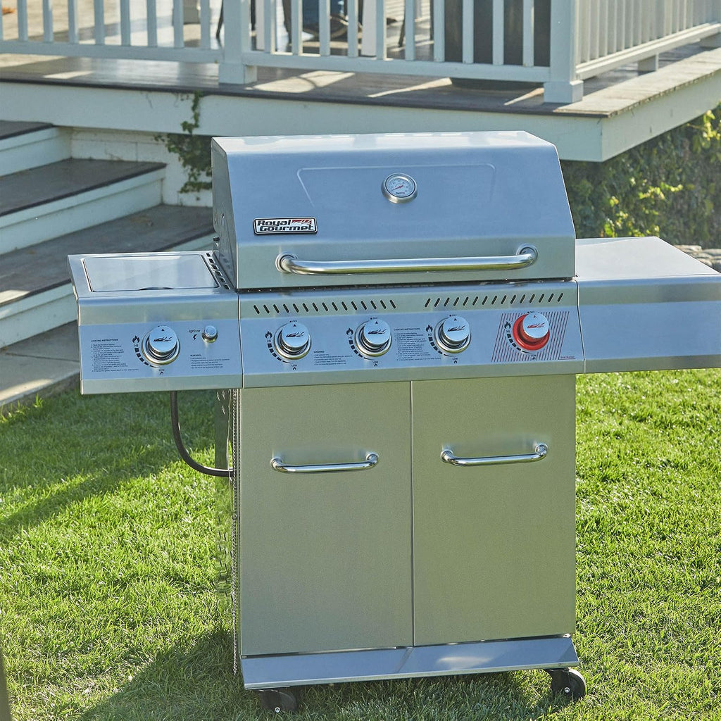 Royal Gourmet GA4402S 4 Burner Propane Gas Grill with Side Burner & Warming Rack, Stainless Steel Gas Grill with 54,000 BTUs Output for Barbecue Grilling & Backyard Cooking, Silver