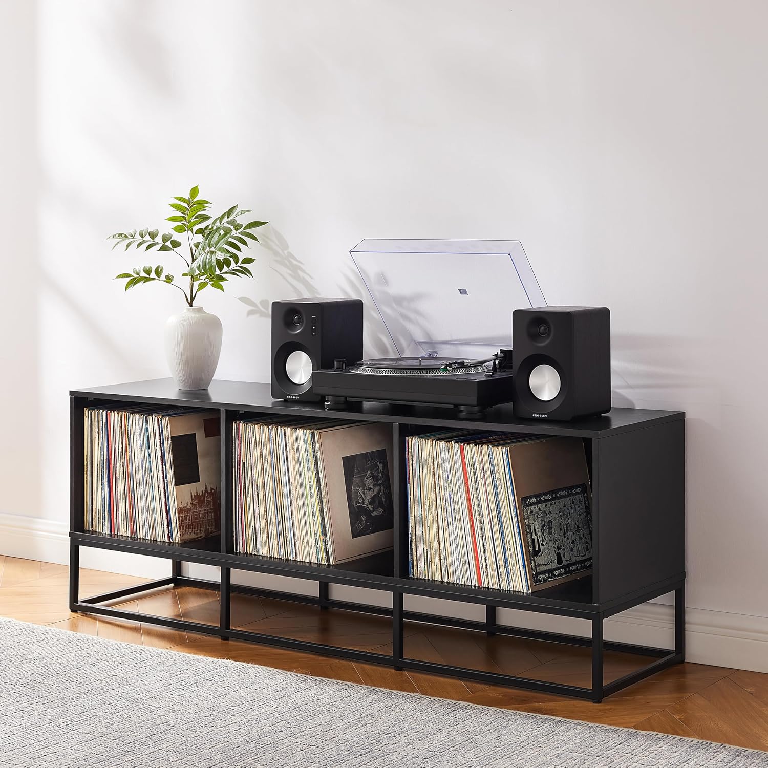 Crosley Furniture Enzo Large Vinyl Record Storage TV Stand and Entertainment Center, Media Console, Black