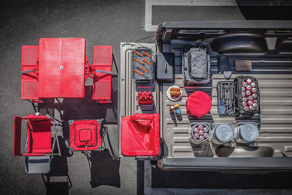 Picnic TIME Coca-Cola Folding Picnic Table with Seats, Collapsible Aluminum Table and Bench Set with Umbrella Hole, Lightweight Portable Table for Camping, Travel, Tailgating, Backyard (Red)