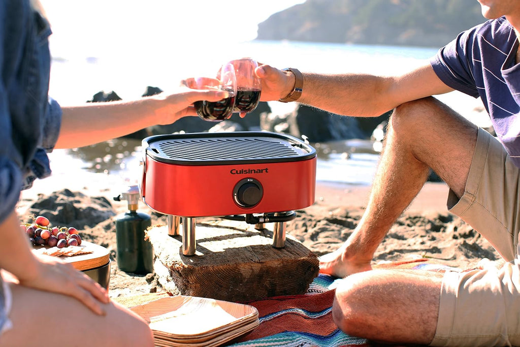 Cuisinart Venture™ Portable Gas Grill, Small Camping Grill with Cutting Board and Handle, Non Stick Porcelain Enameled Cast Iron Grate, 9,000 BTU Stainless Steel Burner for Camping, Tailgates, Beaches
