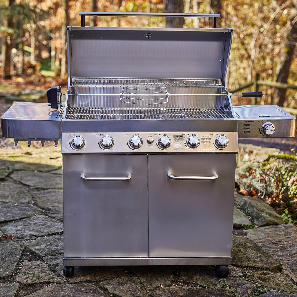 Monument Grills 6 Burner 640 sq.in. Stainless Steel Propane Gas Grill with a Rotisserie Kit, a Side Burner, a Built-In Thermometer, Large Cabinet Style Grill