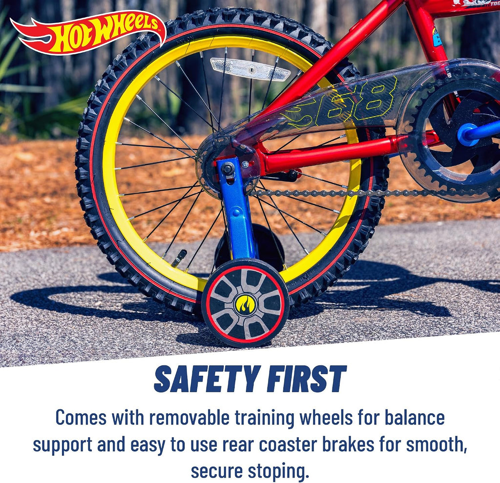 Dynacraft Hot Wheels Boys BMX Bikes Sizes 12' - 18' for Ages 3-9 Years in red, Black, with Handlebar rev Grip Play Feature