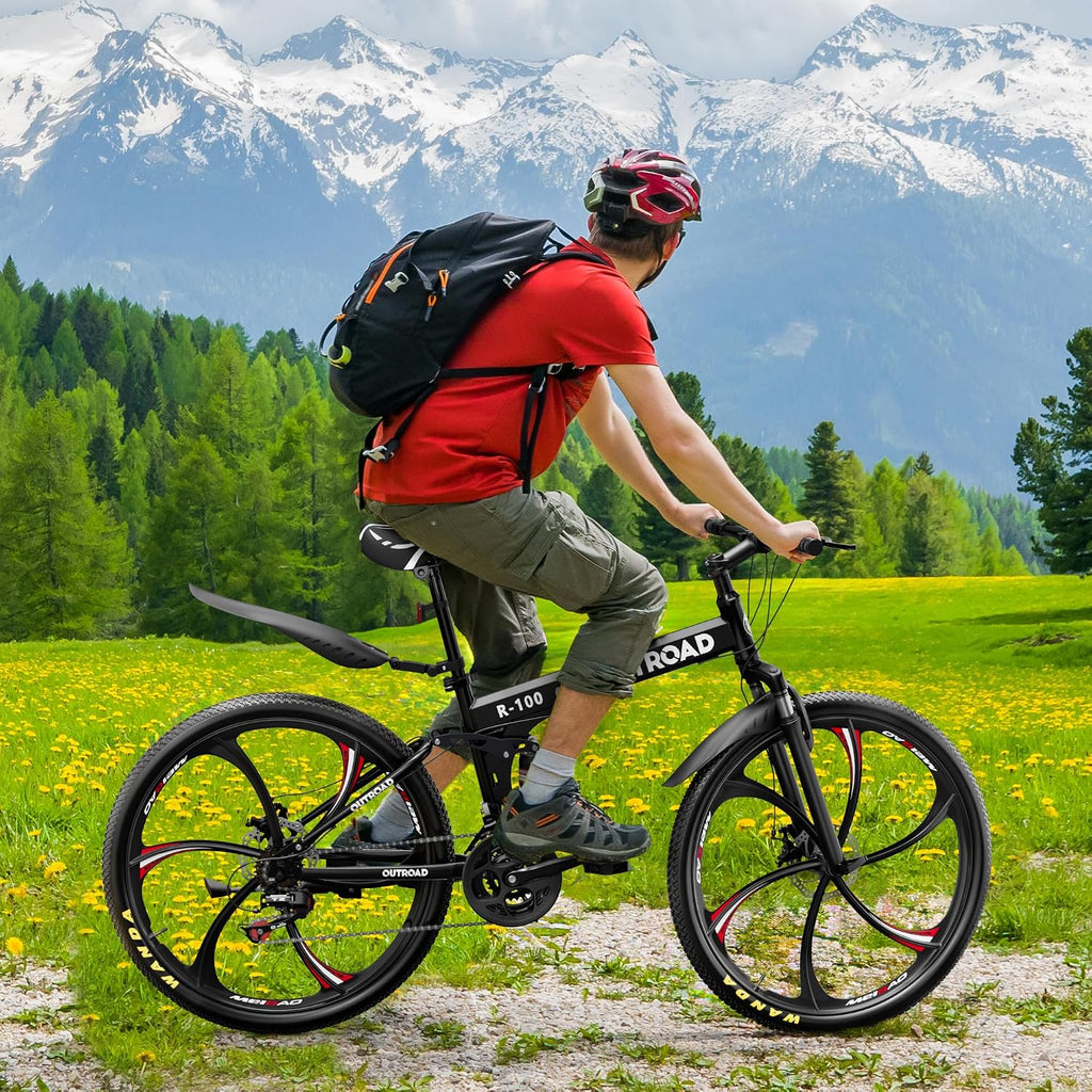 Outroad 26 Inch Folding Mountain Bike, 21 Speed Full Suspension High-Carbon Steel MTB Foldable Bicycle, Dual Disc Brake Non-Slip Folding Bikes for Adults/Men/Women, Black, Orange and Green