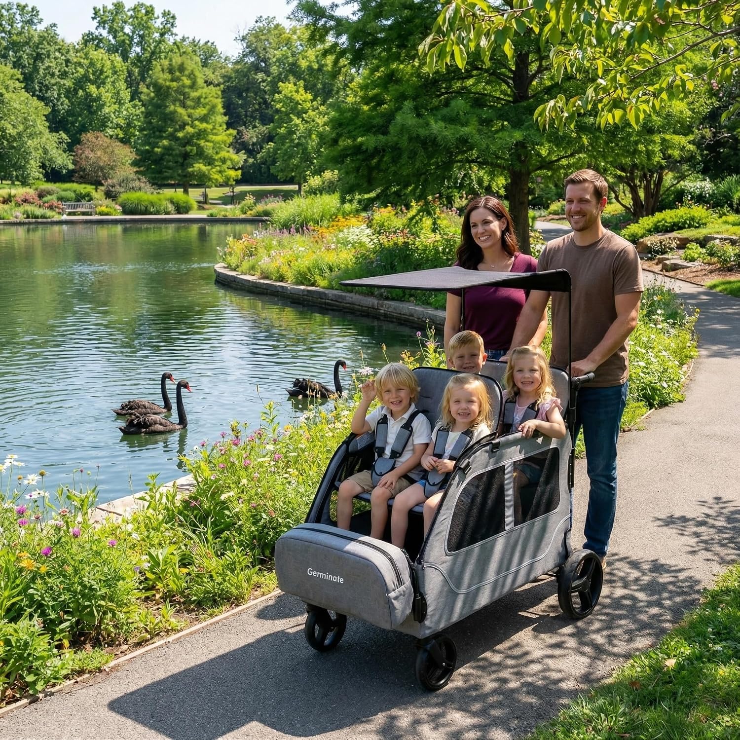 4 Seater Wagon Stroller, Large Quad Wagon for 2 3 4 Kids Baby Toddler Child with Seats, All Terrain, Triple Stroller, Adjustable Push/Pull Handles, Removable Canopy (Dark Grey)