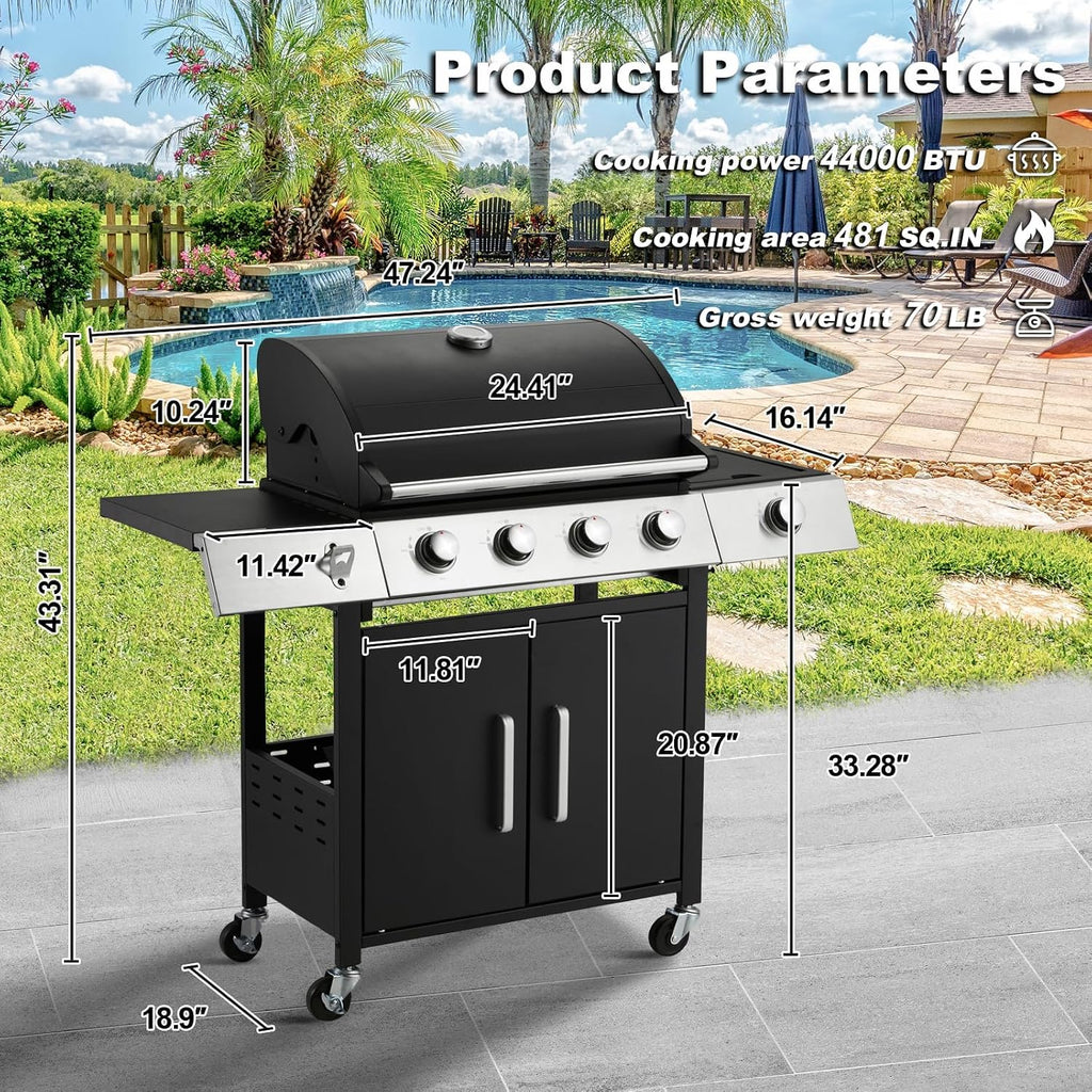 MELLCOM Upgraded 44,000 BTU Stainless Steel Burner Barbecue Grill, 4 Burner BBQ Propane Gas Grill with Side Stove & Cast Iron Grates for Patio, Camping, Outdoor Cooking