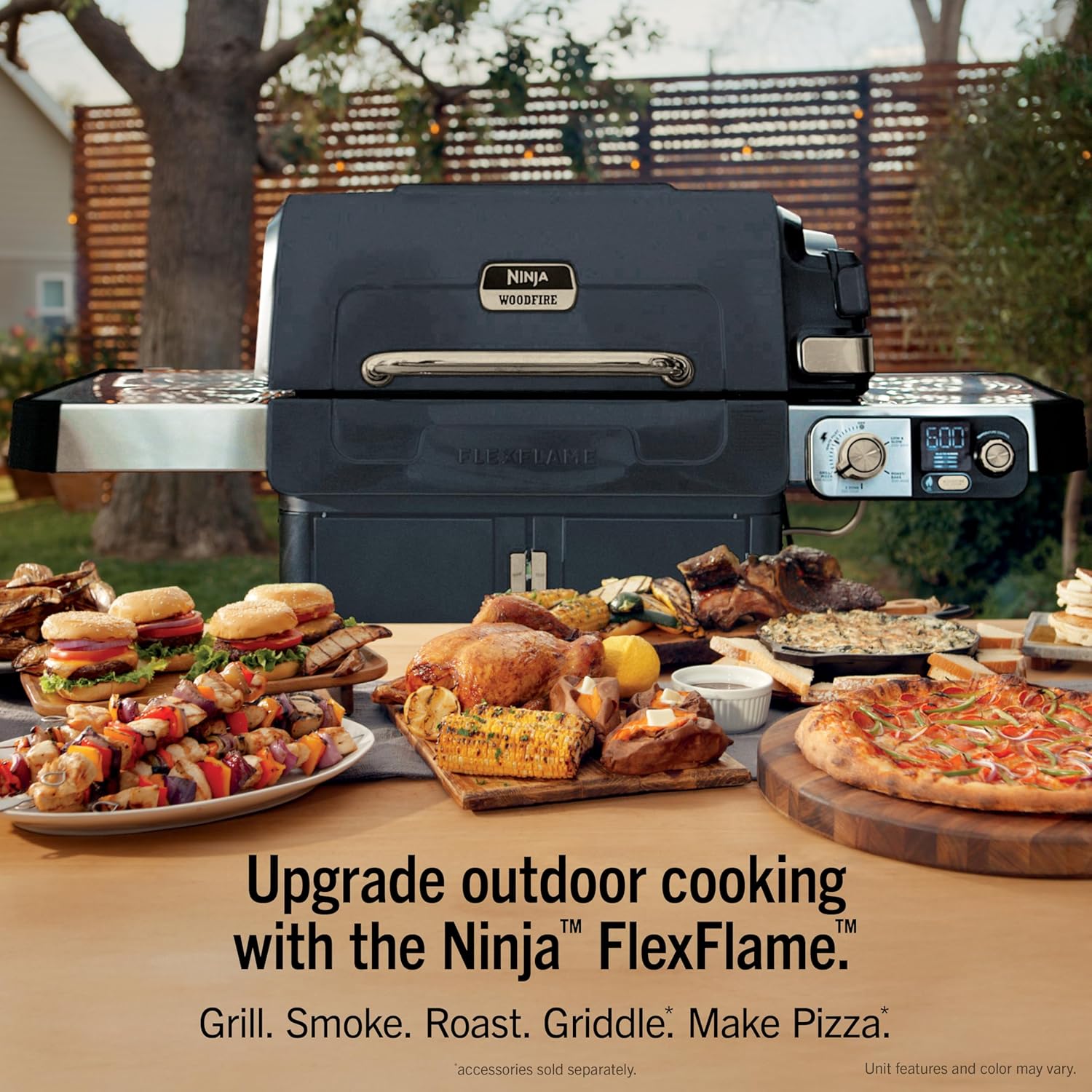 Ninja FlexFlame Grill and Smoker | Electric and Propane Grill, Roaster, BBQ Grill | 5-in-1 Cooking System | 3 Burner | Digital Control | Outdoor Cooking, Griddle, Pizza Maker | Blue | PG301BL