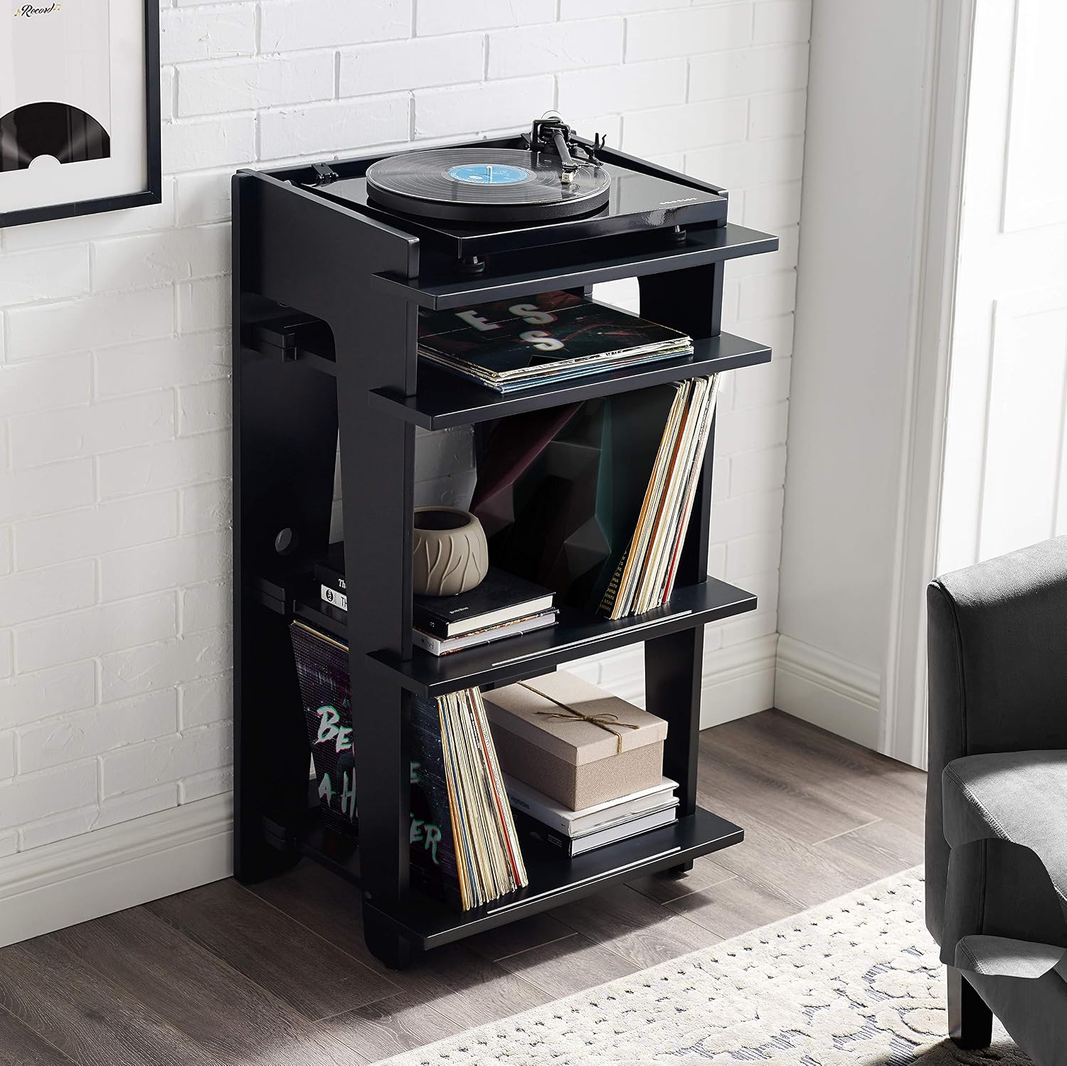 Crosley Furniture Soho Record Player Stand, Media Console with Vinyl Storage, Modern Home Organizer, Black