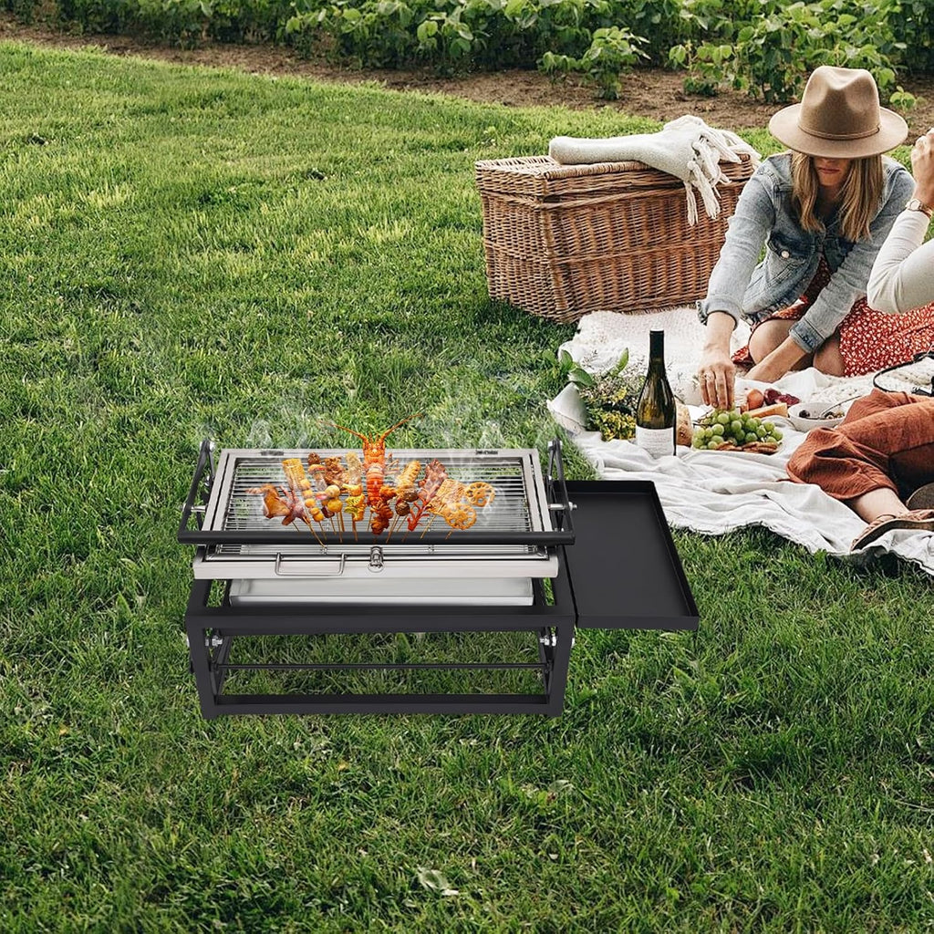 Portable Charcoal Flip Grill for Outdoor BBQ, 360° Rotating Basket Barbecue Grill with Adjustable Height, Detachable Legs, Wheels & Brakes, Camping & Patio Charcoal Grill