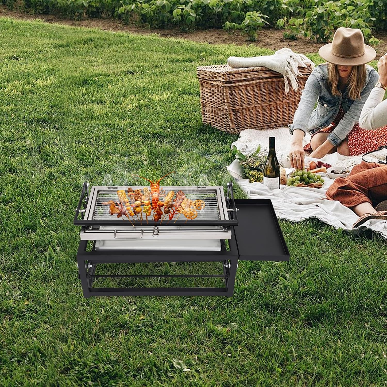 Premium Charcoal Flip Grill with 360° Rotating Basket & Wheels,Portable Outdoor BBQ Grills for Backyard, Patio, Camping,Suitable for 8 People