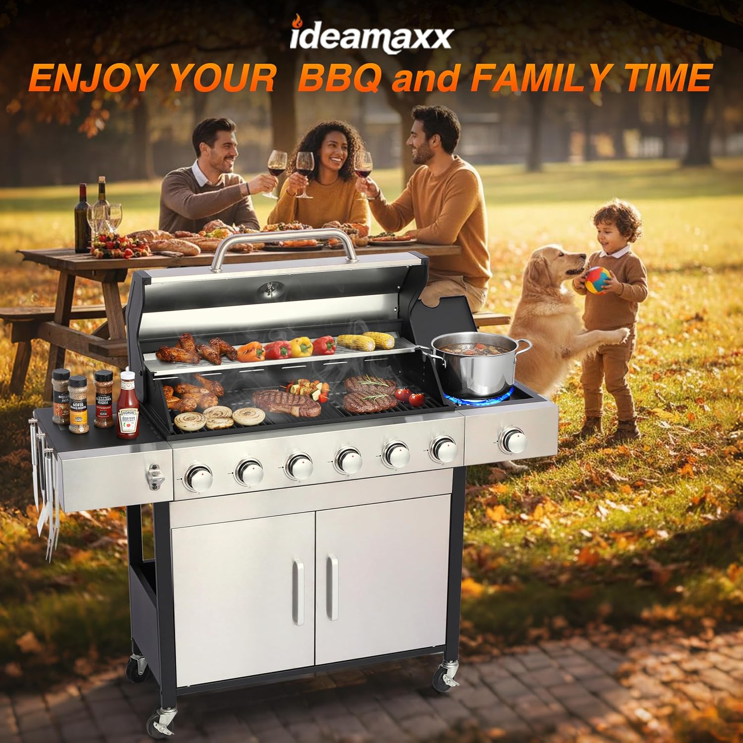 6-Burner Propane Grill - 65850 BTU BBQ with Side Burner | Porcelain Cast Iron Grates | Stainless Steel Outdoor Grill for Backyard, Camping, Tailgating (Fast Heating & Easy Clean)