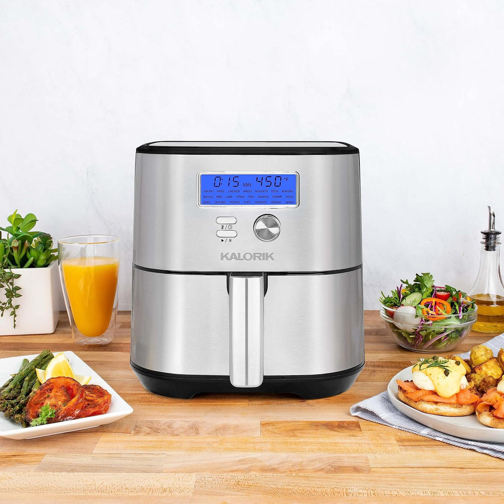Kalorik MAXX® Plus Digital 7-Quart, 7-in-1 Oilless Air Fryer, LCD Display, 22 Smart Presets, 5 Accessories, and Recipe Book, 1750W, Stainless Steel, FT 50928 OW