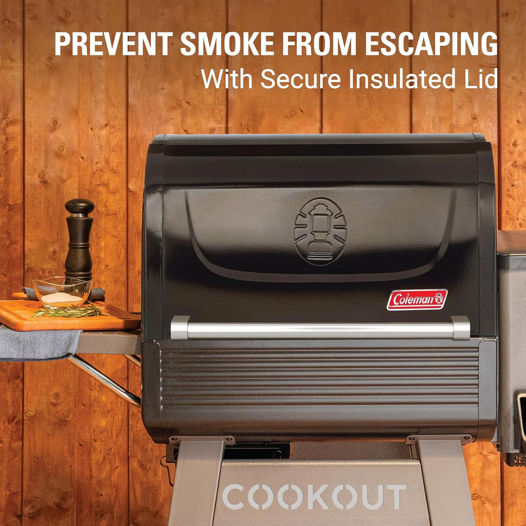 Coleman Cookout 1000 Pellet Grill with 1035-Sq. In. Total Cooking Surface, LED Digital Controller, Timer, 2 Meat Probes, and Side Shelf, Pellet Smoker Grill with Fully Insulated Lid in Black/Gray