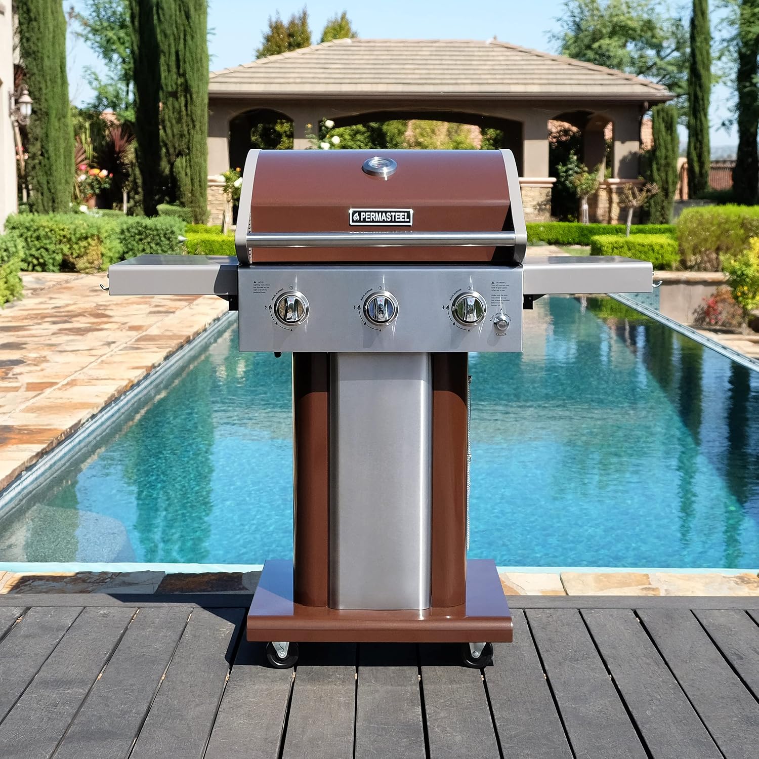Permasteel 3-Burner Propane Gas Grill, 30,000 BTUs BBQ Grill with Cast Iron Grates, Foldable Side Tables & Tool Hooks, Outdoor Grill, Mocha