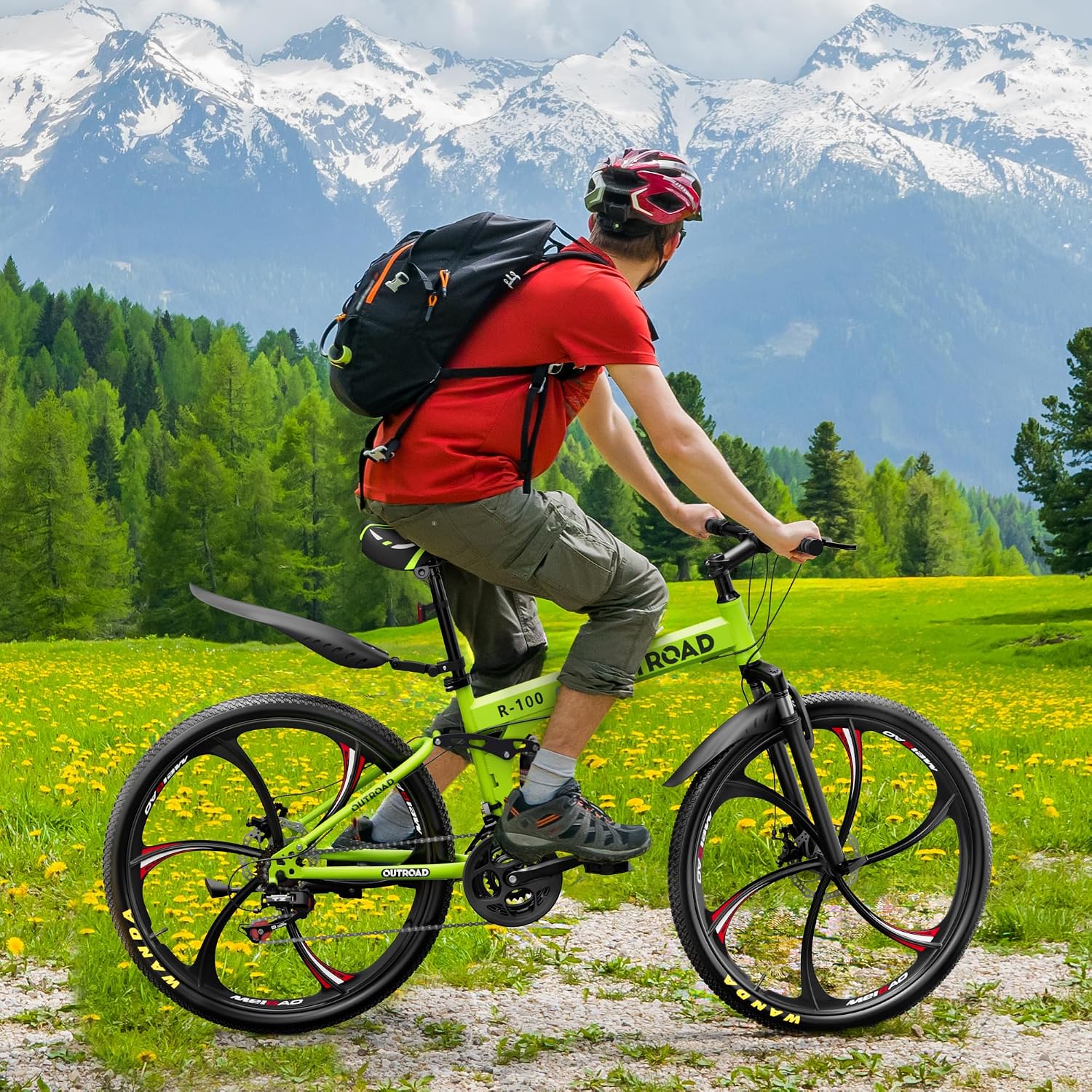 Outroad 26 Inch Folding Mountain Bike, 21 Speed Full Suspension High-Carbon Steel MTB Foldable Bicycle, Dual Disc Brake Non-Slip Folding Bikes for Adults/Men/Women, Black, Orange and Green