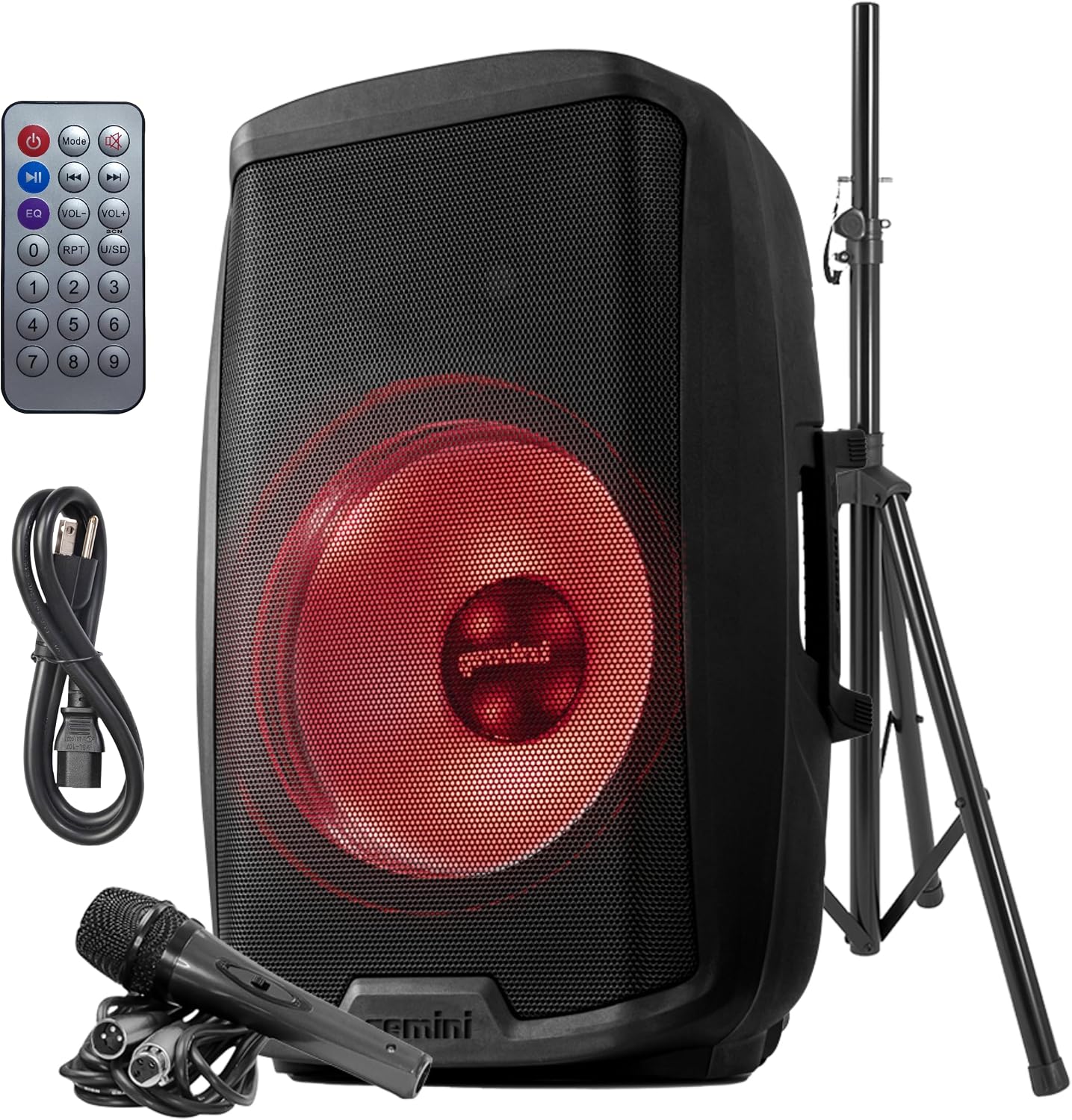 Gemini 120W Bluetooth PA Speaker w/Stand – 15' DJ Loudspeaker System with LED Lights, USB/SD/FM, Wireless Stereo Pairing, Mic, EQ, Remote & Pro Audio Inputs – Portable Party Sound (AS-2115BT-LT-PK)