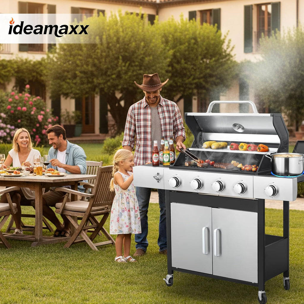 Propane Gas Grill 4 Burner, 49,000 BTU Outdoor BBQ Grill with Side Burner, Porcelain Cast Iron Grates & Stainless Steel, Fast Heating for Backyard, Camping, Tailgating