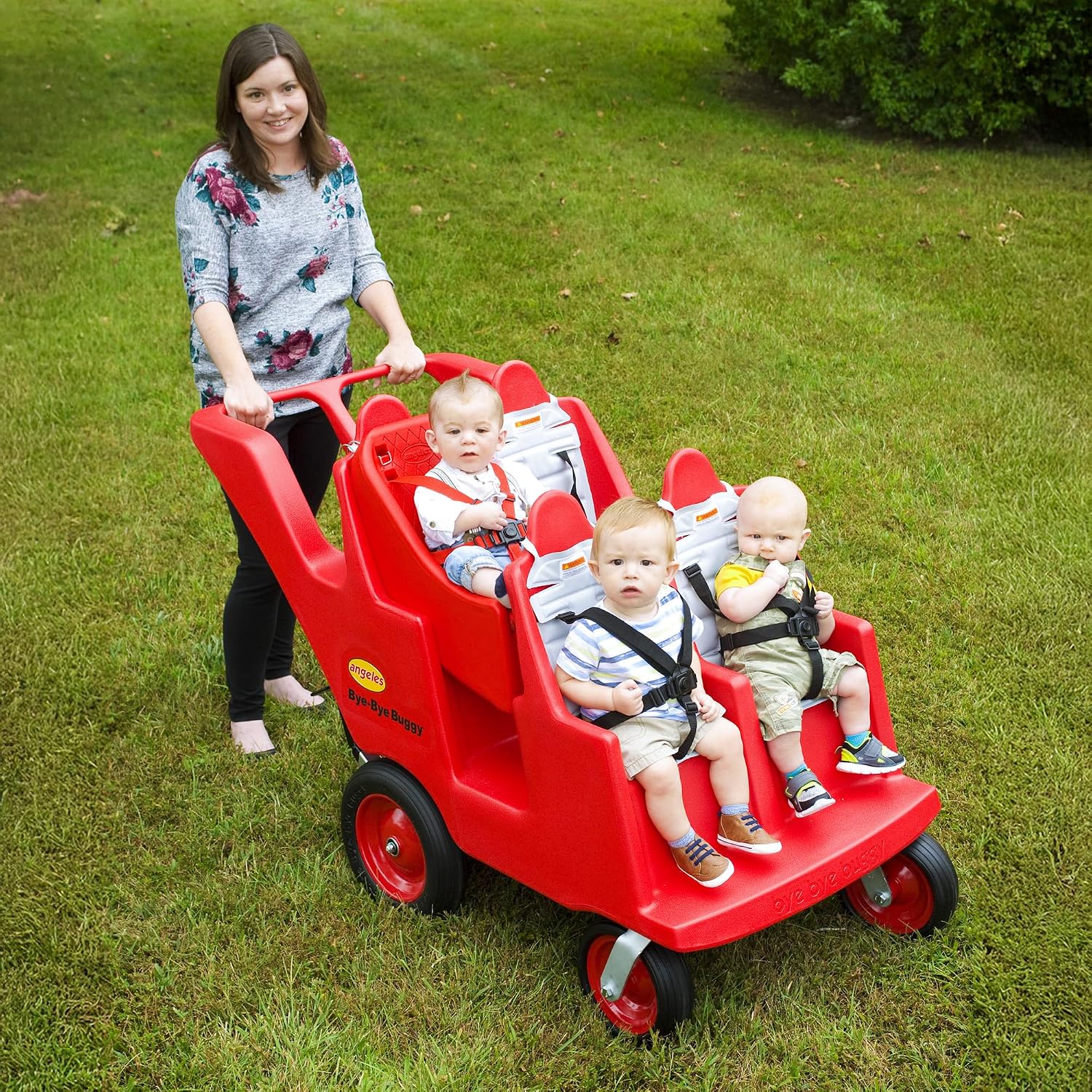 Angeles Bye Bye Buggy 4 Passenger Stroller, Sturdy Daycare Stroller with Fat Tires, Easy-to-Fasten Safety Buckles, Parking Brake, & 360 Pivoting Wheels, Red