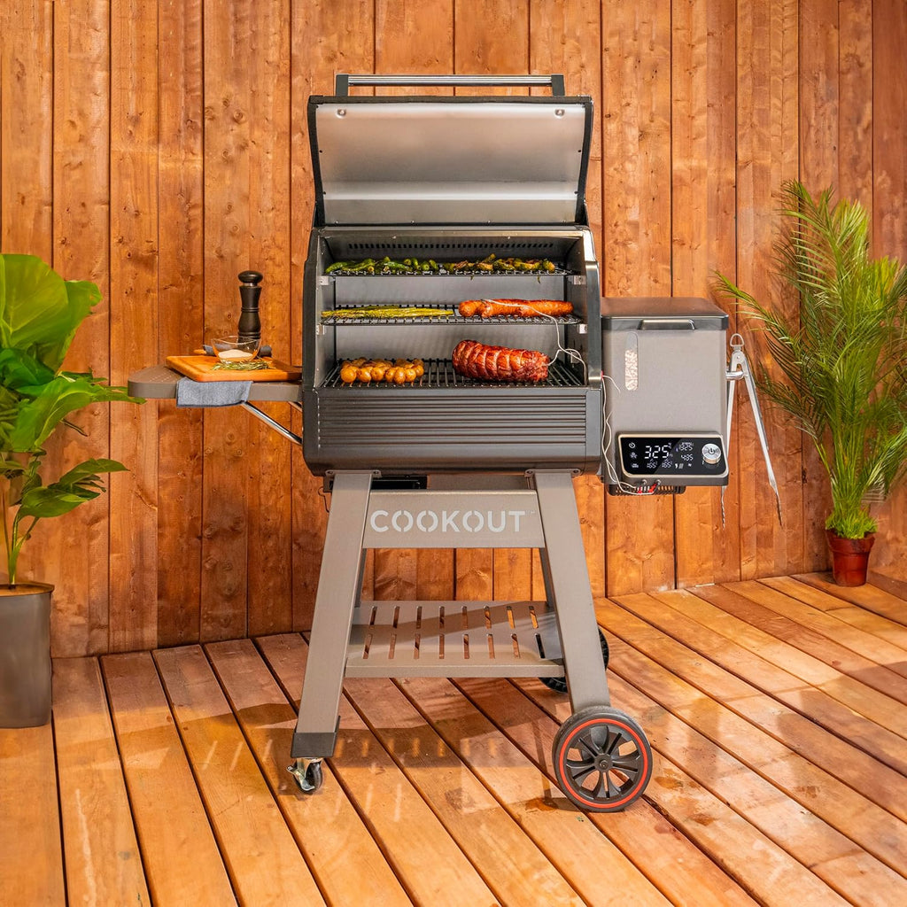 Coleman Cookout 1000 Pellet Grill with 1035-Sq. In. Total Cooking Surface, LED Digital Controller, Timer, 2 Meat Probes, and Side Shelf, Pellet Smoker Grill with Fully Insulated Lid in Black/Gray