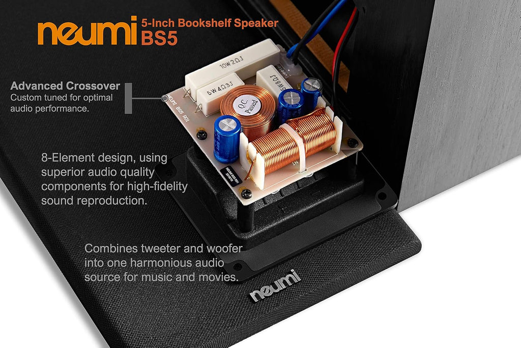 NEUMITECH NEUMI BS5 Passive Bookshelf Speakers, 5-Inch Woofer, 1-Inch Tweeter, Dark Wood, 1 Pair