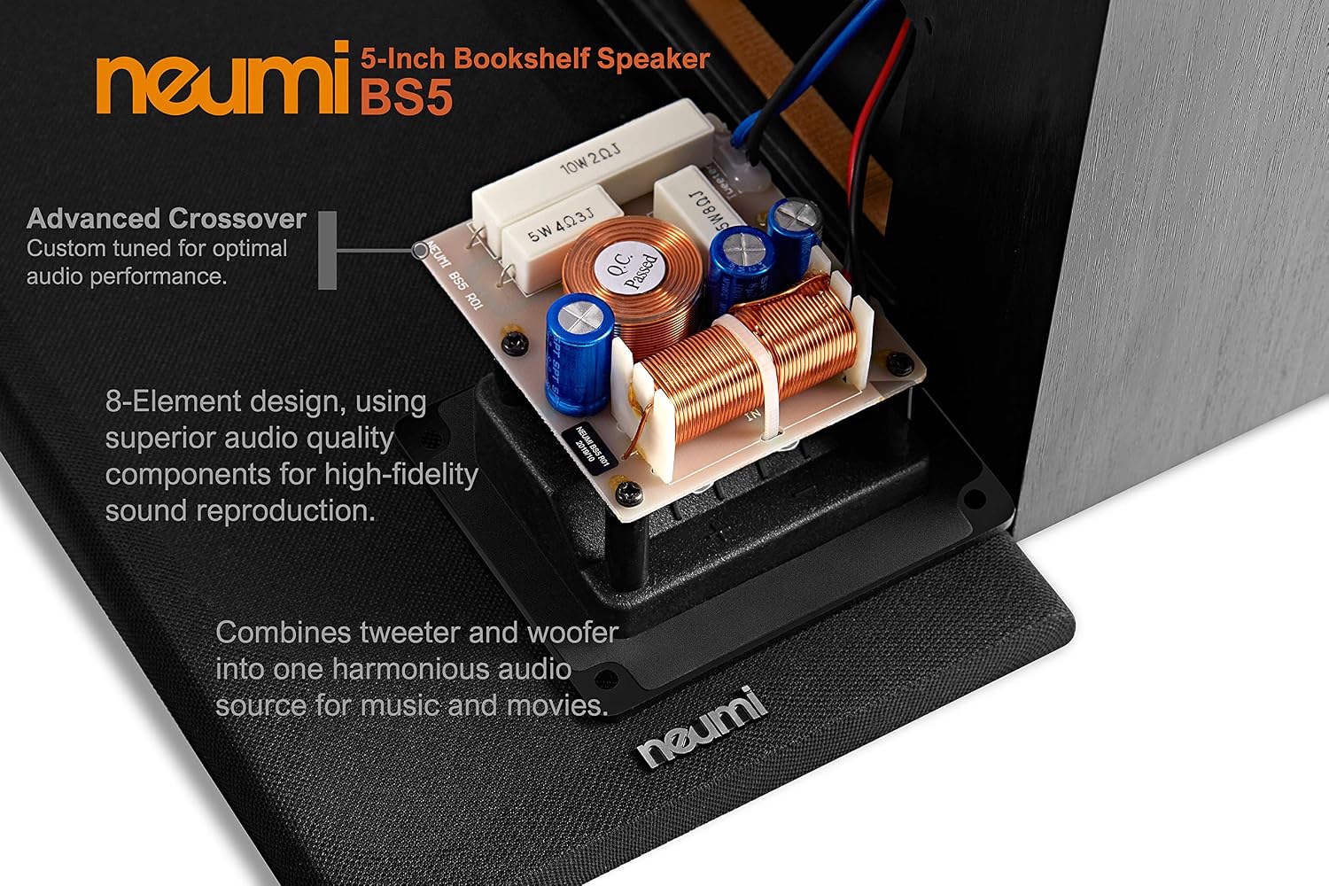 NEUMITECH NEUMI BS5 Passive Bookshelf Speakers, 5-Inch Woofer, 1-Inch Tweeter, Dark Wood, 1 Pair