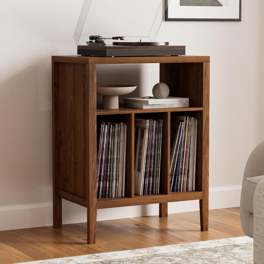Modern Record Player Stand, Vinyl Record Storage Cabinet with Open Shelf, Wood Records Player Table Cube Storage Organizer for Living Room, Office, Brown
