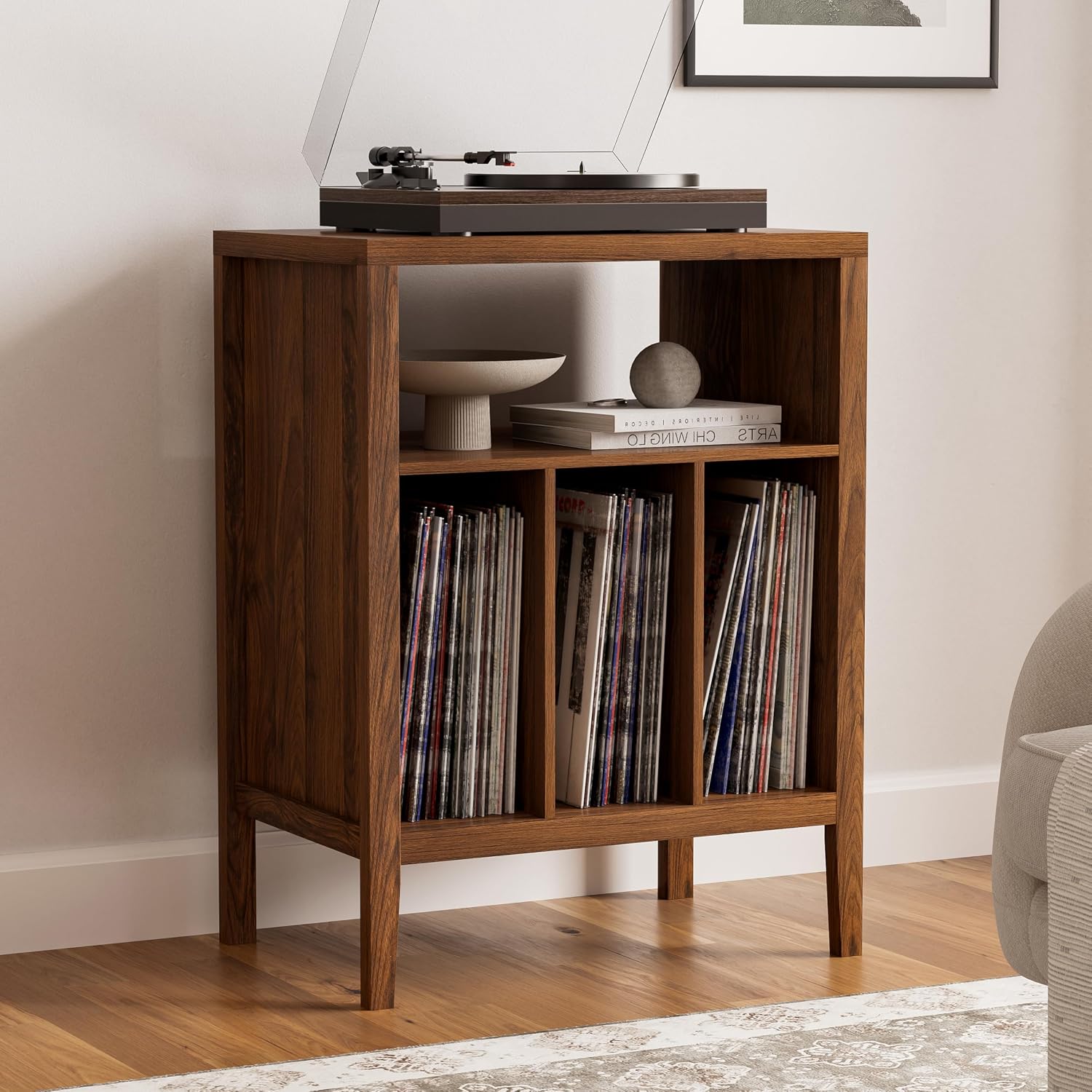 Modern Record Player Stand, Vinyl Record Storage Cabinet with Open Shelf, Wood Records Player Table Cube Storage Organizer for Living Room, Office, Brown