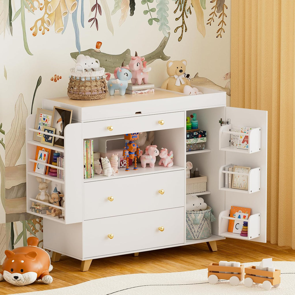 FURNJOYLIFE Nursery Dresser with Baby Changing Table, Modern Diaper Changing Station,Dresser for Nursery with 3 Drawers & Shelves, Storage Crib with Changing Table, White