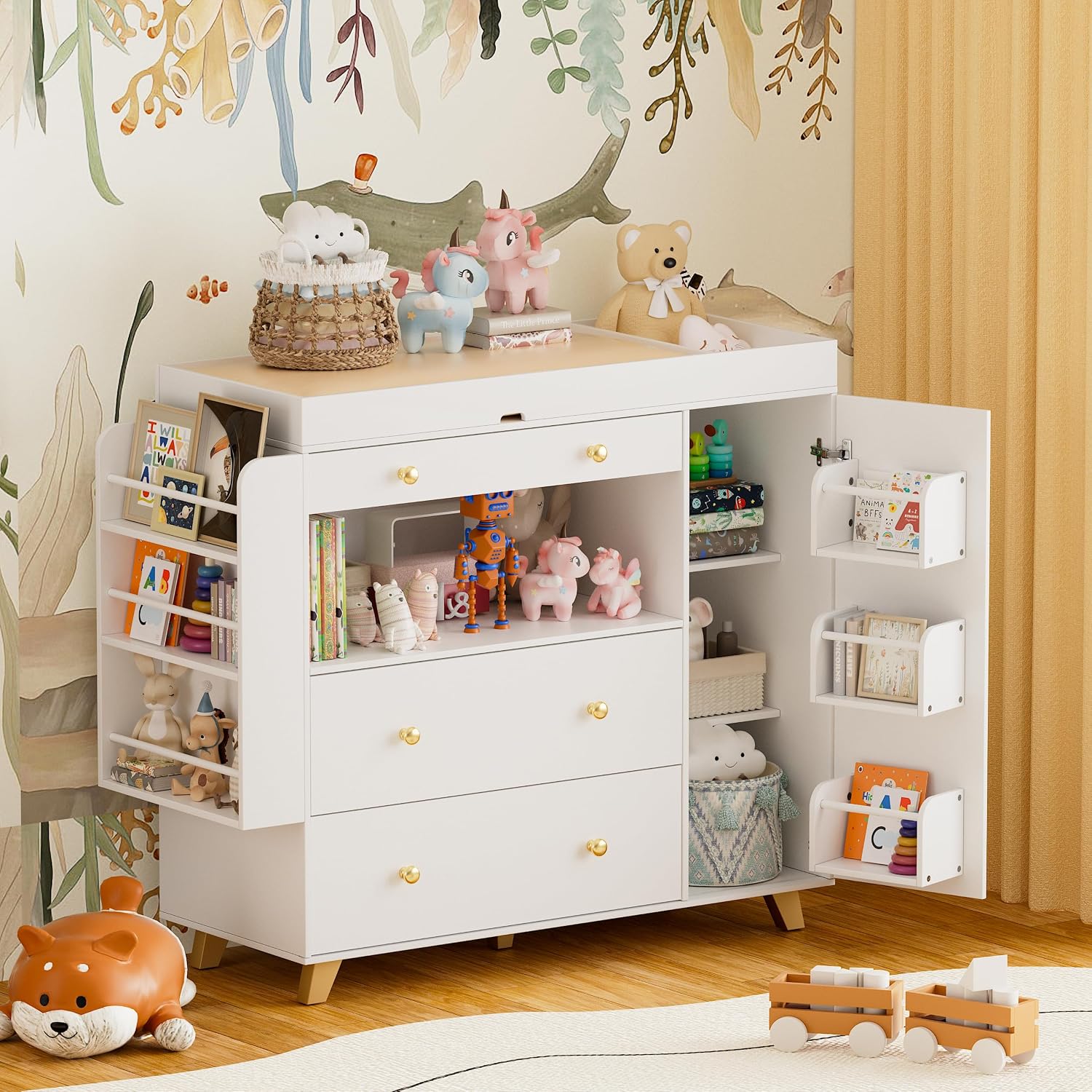 FURNJOYLIFE Nursery Dresser with Baby Changing Table, Modern Diaper Changing Station,Dresser for Nursery with 3 Drawers & Shelves, Storage Crib with Changing Table, White
