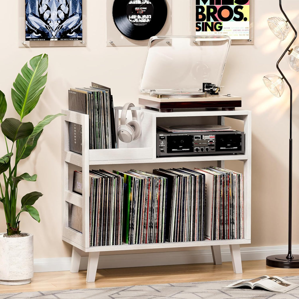Record Player Stand with Vinyl Storage, Mid-Century Modern Turntable Stand Holds 150+ Albums, Record Player Table with Metal Dividers, Wood Media Console for Living Room (White, Single-Sided Small)
