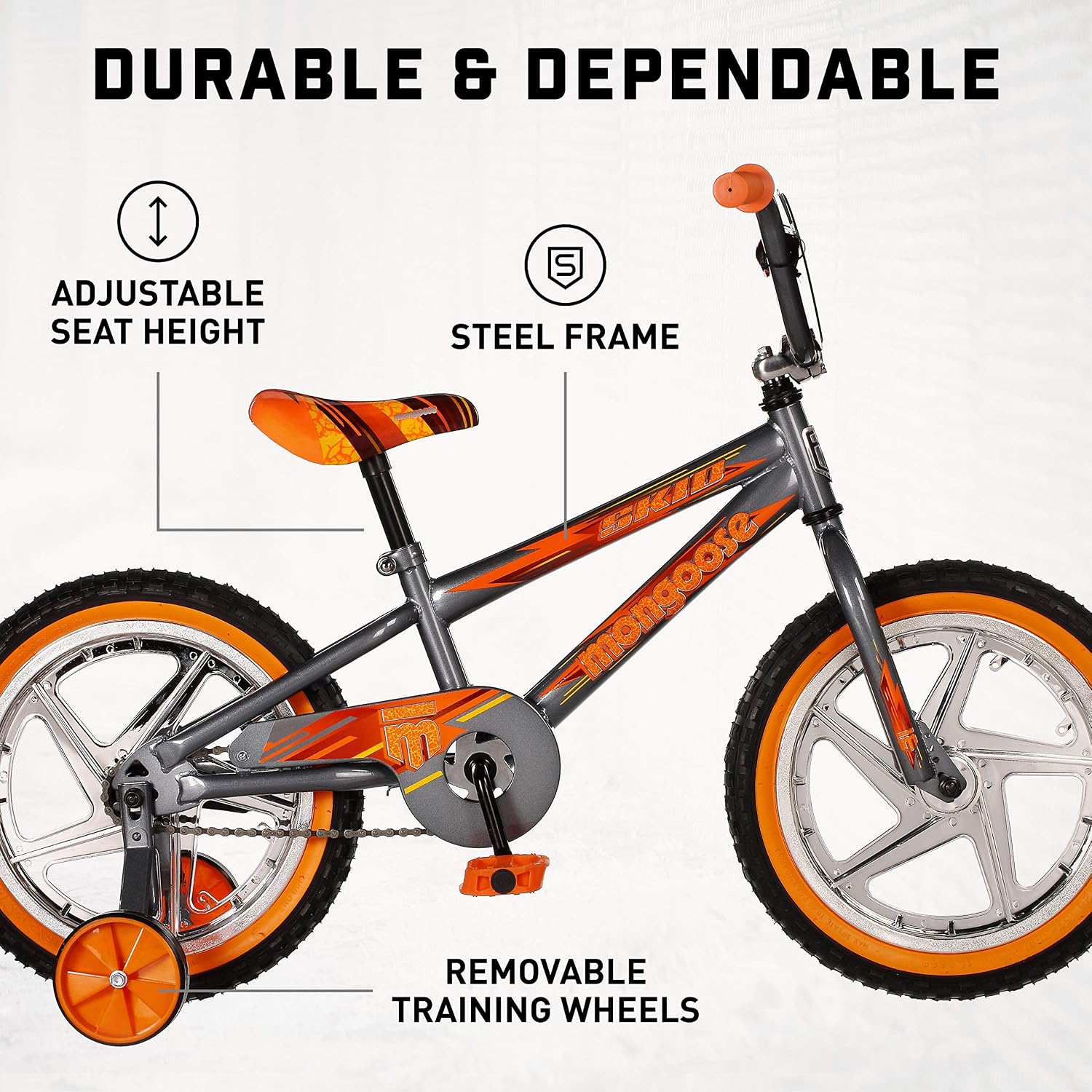 Mongoose Skid Bike, 16 Inch Bike for Kids Ages 3-7, BMX Style, Adjustable Seat Grows with Your Child, Mag Wheels, Training Wheels, Rear Coaster Brake, Training Bicycle for Kids