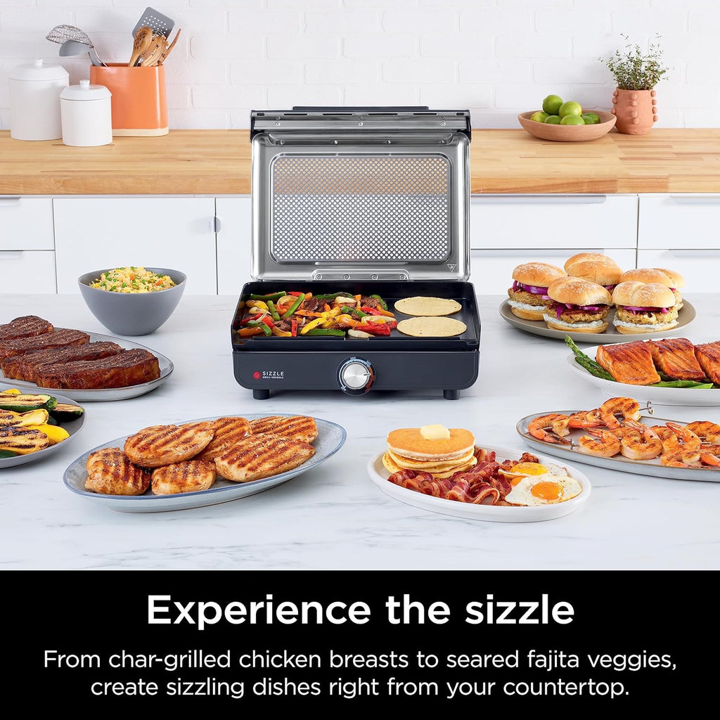 Ninja Griddle and Indoor Grill, 14'', Electric Grill, For Steak, Burgers, Salmon, Veggies, and More, Pancake Griddle, Nonstick, Dishwasher Safe, 500F, Even Cooking, Silver, GR101