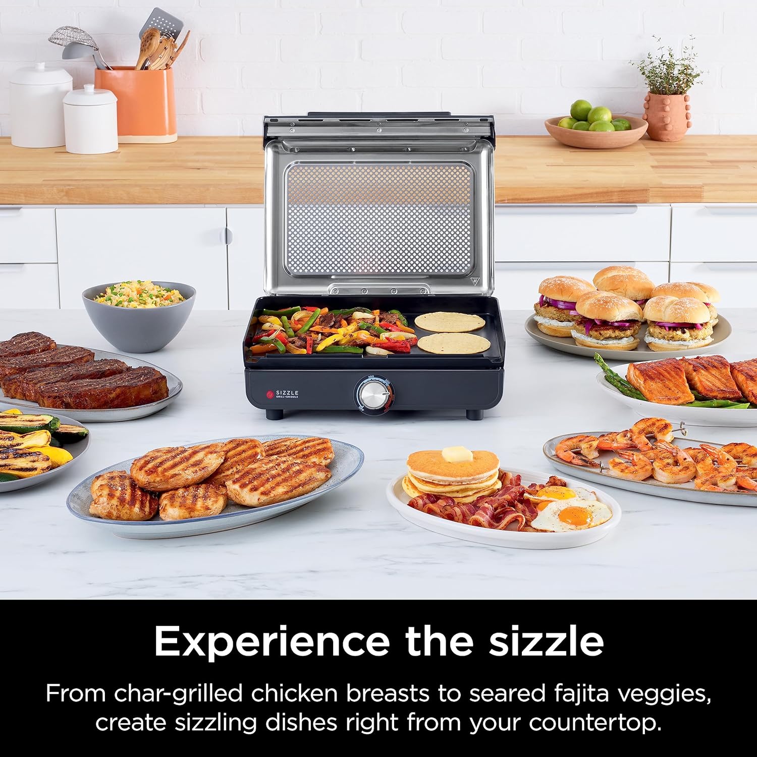Ninja Griddle and Indoor Grill, 14'', Electric Grill, For Steak, Burgers, Salmon, Veggies, and More, Pancake Griddle, Nonstick, Dishwasher Safe, 500F, Even Cooking, Silver, GR101