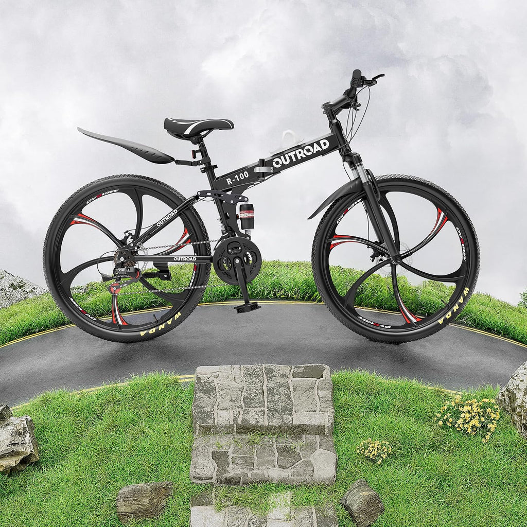 Outroad 26 Inch Folding Mountain Bike, 21 Speed Full Suspension High-Carbon Steel MTB Foldable Bicycle, Dual Disc Brake Non-Slip Folding Bikes for Adults/Men/Women, Black, Orange and Green