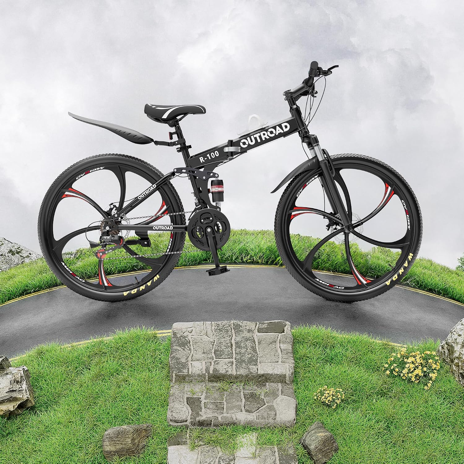 Outroad 26 Inch Folding Mountain Bike, 21 Speed Full Suspension High-Carbon Steel MTB Foldable Bicycle, Dual Disc Brake Non-Slip Folding Bikes for Adults/Men/Women, Black, Orange and Green