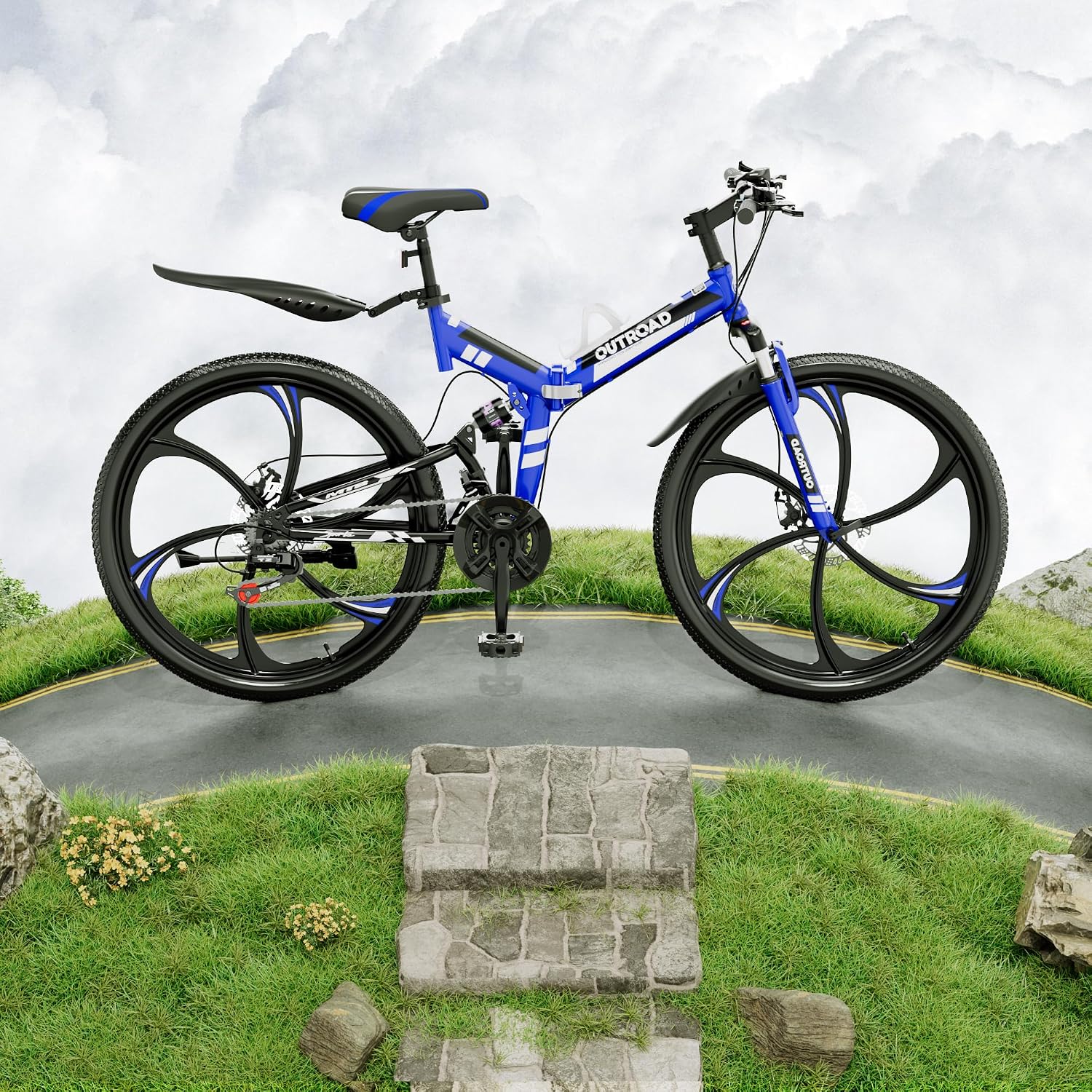 Outroad 26 Inch Folding Mountain Bike, 21 Speed Full Suspension High-Carbon Steel MTB Foldable Bicycle, Dual Disc Brake Non-Slip Folding Bikes for Adults/Men/Women, Black, Orange and Green