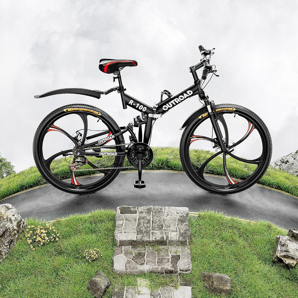 Outroad 26 Inch Folding Mountain Bike, 21 Speed Full Suspension High-Carbon Steel MTB Foldable Bicycle, Dual Disc Brake Non-Slip Folding Bikes for Adults/Men/Women, Black, Orange and Green