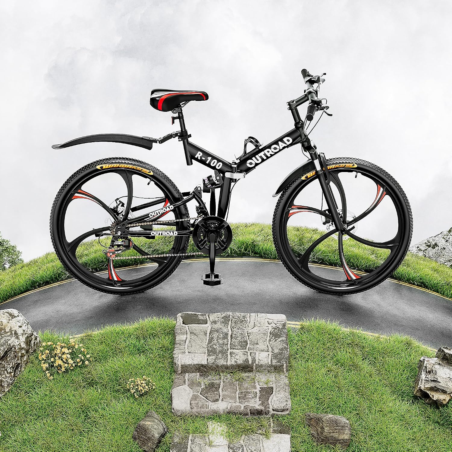 Outroad 26 Inch Folding Mountain Bike, 21 Speed Full Suspension High-Carbon Steel MTB Foldable Bicycle, Dual Disc Brake Non-Slip Folding Bikes for Adults/Men/Women, Black, Orange and Green