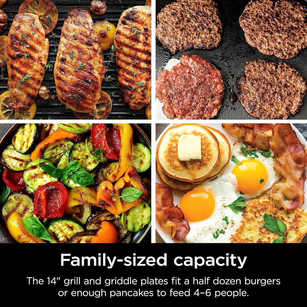 Ninja Griddle and Indoor Grill, 14'', Electric Grill, For Steak, Burgers, Salmon, Veggies, and More, Pancake Griddle, Nonstick, Dishwasher Safe, 500F, Even Cooking, Silver, GR101