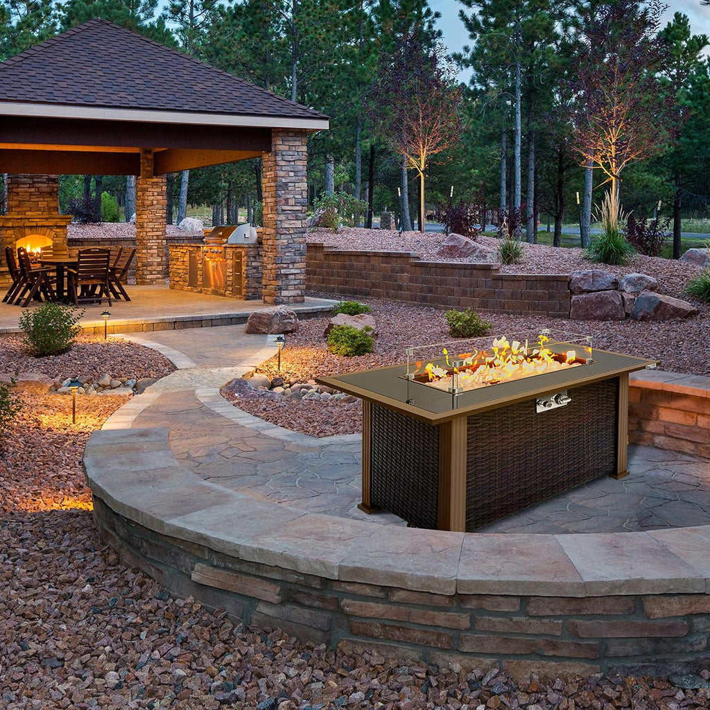 Outdoor Propane Fire Pit Table - CSA Approved Safe 50,000BTU Auto-Ignition Propane Gas Fire Table - Rattan Panel, Glass Wind Guard, Black Tempered Glass Tabletop, Clear Glass Rock - SereneLife SLFPTL